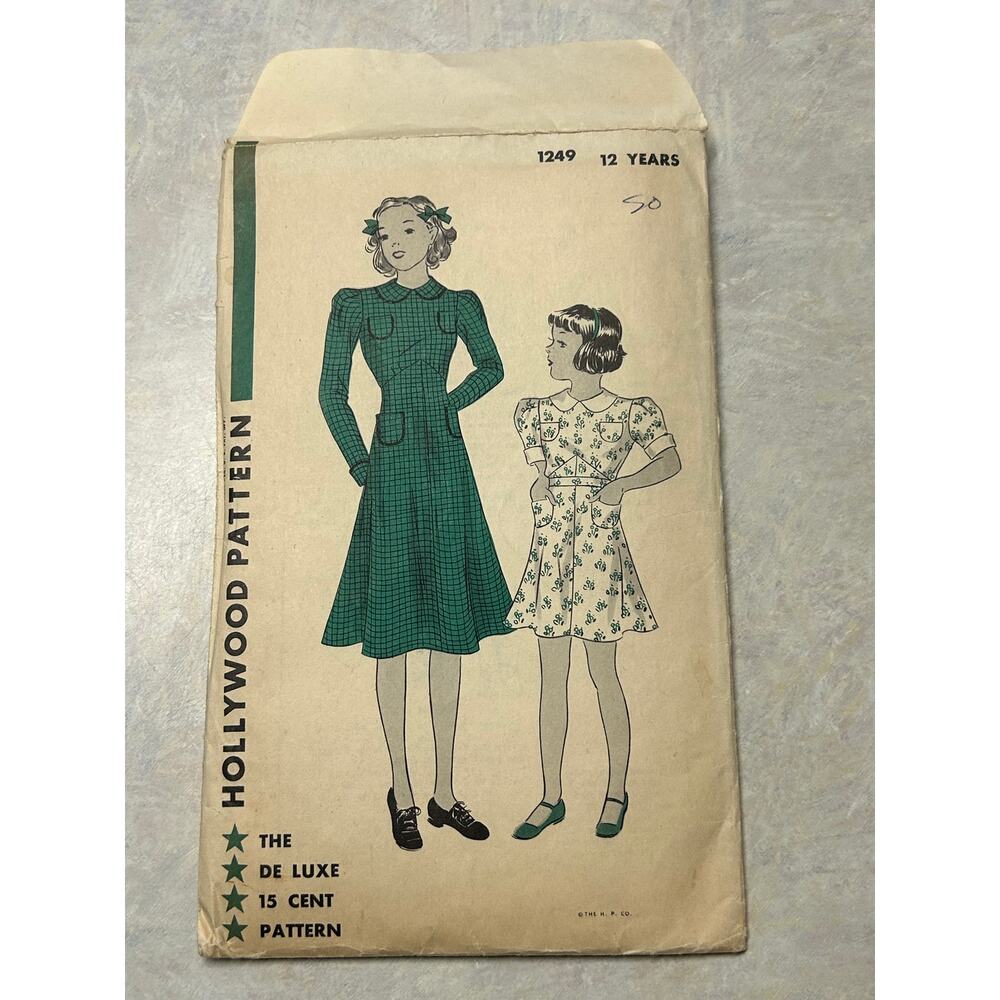 Vintage 30's-40's Hollywood Pattern #1249 Girls One Piece Frock Dress Sz 12 Yrs